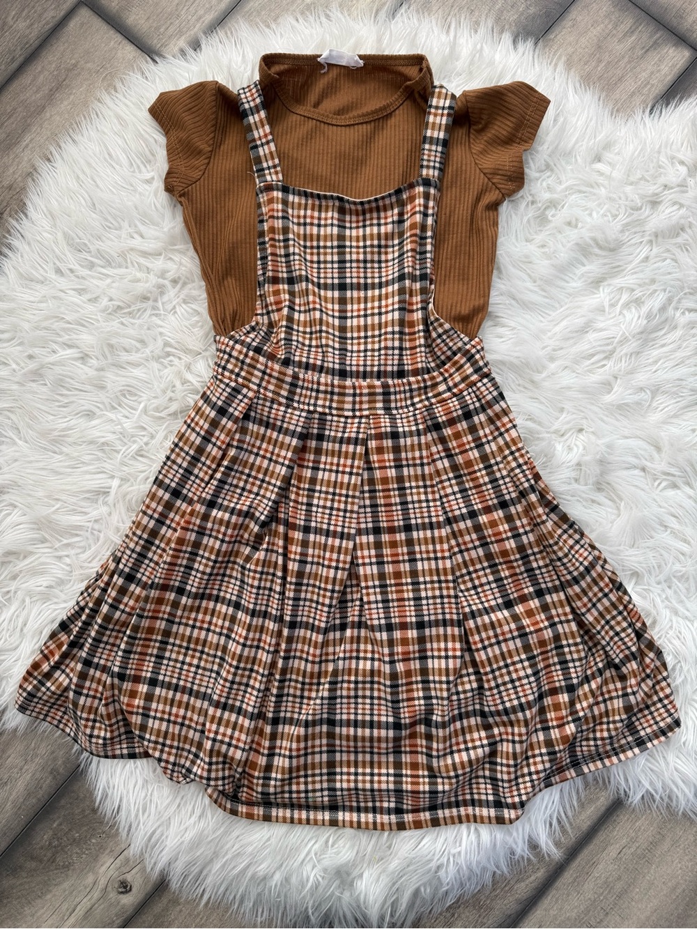 Beautees Plaid Pinafore Dress with Rust Top